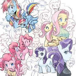 Size: 650x650 | Tagged: safe, artist:citolo, fluttershy, pinkie pie, rainbow dash, rarity, spike, anthro, g4, ambiguous facial structure, collage, pixiv