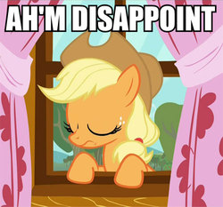 Size: 500x466 | Tagged: safe, edit, edited screencap, screencap, applejack, earth pony, pony, g4, curtains, disappoint, disappointed, disappointment, eyes closed, female, image macro, reaction image, solo, window