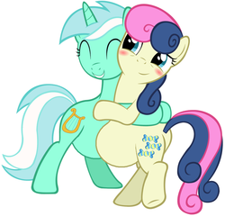 Size: 947x909 | Tagged: safe, bon bon, lyra heartstrings, sweetie drops, earth pony, pony, unicorn, g4, ^^, belly bros, butt, eyes closed, female, hug, lesbian, magical lesbian spawn, mare, offspring, plot, pregnant, pregnant edit, ship:lyrabon, shipping, simple background, white background