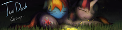 Size: 1000x250 | Tagged: safe, artist:sharpieboss, rainbow dash, twilight sparkle, g4, female, fimfiction, fire, grass, lesbian, night, ship:twidash, shipping, sleeping