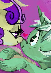 Size: 566x800 | Tagged: safe, artist:spectralunicorn, bon bon, lyra heartstrings, sweetie drops, earth pony, pony, unicorn, g4, abstract background, boop, female, heart, holding hooves, lesbian, lidded eyes, looking at each other, noseboop, nuzzling, ship:lyrabon, shipping, smiling, unshorn fetlocks