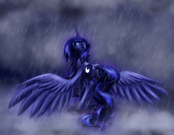 Size: 2523x1959 | Tagged: dead source, safe, artist:zedrin, princess luna, pony, g4, eyes closed, female, rain, solo, spread wings, wet, wet mane