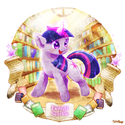 Size: 1000x1000 | Tagged: safe, artist:tatugon, twilight sparkle, pony, g4, female, library, quill, scroll, smiling, solo