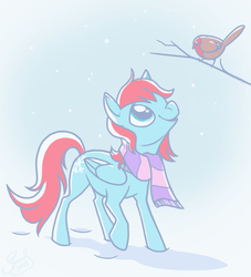 Size: 600x660 | Tagged: safe, artist:shelzie, oc, oc only, bird, pegasus, pony, robin (bird), clothes, scarf, snow, snowfall