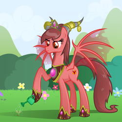 Size: 900x900 | Tagged: safe, artist:sunyup, dracony, hybrid, alexstrasza, female, hoof hold, hoof shoes, horn rings, horns, magnetic hooves, mare, ponified, solo, tattered, tattered wings, transparent wings, warcraft, watering, watering can, wings, world of warcraft