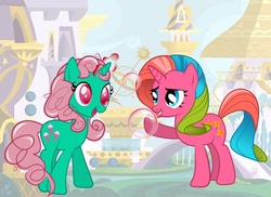 Size: 550x400 | Tagged: safe, artist:cheshiremoon7, fizzy, pinwheel, g1, g4, g1 to g4, generation leap