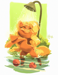 Size: 1445x1865 | Tagged: safe, artist:edtropolis, applejack, earth pony, pony, g4, apple, bipedal, eyes closed, female, loose hair, mare, obligatory apple, shower, showering, signature, smiling, solo, water, wet mane