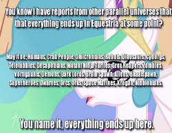 Size: 680x527 | Tagged: safe, princess celestia, alien, human, robot, g4, alternate universe, crossover, equestria, fanfic, image macro, meme, parallel universe, reference, text