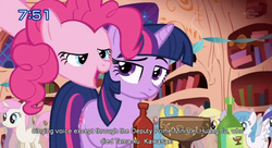 Size: 844x460 | Tagged: safe, screencap, pinkie pie, twilight sparkle, g4, deputy prime minister huang ju, japanese, text, wat, youtube caption