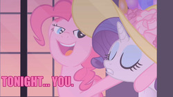 Size: 1280x720 | Tagged: safe, edit, edited screencap, screencap, pinkie pie, rarity, earth pony, pony, unicorn, g4, aqua teen hunger force, bedroom eyes, caption, image macro, out of context, pink text, tonight you