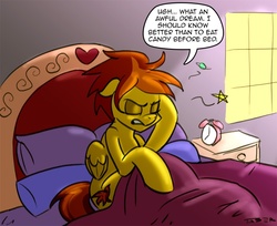 Size: 850x692 | Tagged: safe, artist:pluckyninja, spitfire, pony, tumblr:sexy spitfire, g4, april fools, bed, bed mane, dream, female, solo, stupid sexy spitfire