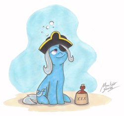 Size: 1570x1470 | Tagged: safe, artist:moonlightscribe, trixie, pony, unicorn, g4, alcohol, drunk, eyepatch, female, hat, mare, pirate, smiling, solo, traditional art