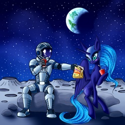 Size: 1200x1200 | Tagged: safe, artist:asimos, nightmare moon, alicorn, human, pony, g4, astronaut, cookie, duo, earth, moon, spacesuit, starry night