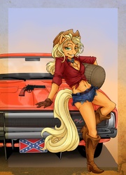Size: 1200x1666 | Tagged: safe, artist:farthingale, applejack, earth pony, anthro, plantigrade anthro, g4, bedroom eyes, belly button, boots, car, cider, cleavage, clothes, confederate, confederate flag, daisy dukes, dodge charger, dukes of hazzard, female, flag, gun, midriff, shorts, solo