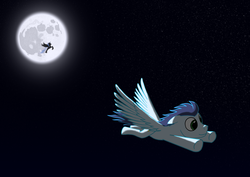 Size: 2320x1641 | Tagged: safe, artist:crusierpl, princess luna, soarin', pegasus, pony, g4, duo, floppy ears, flying, moon, moonlight, night, silhouette, solo focus