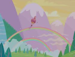 Size: 640x480 | Tagged: safe, screencap, starsong, g3, g3.5, twinkle wish adventure, balloon, double rainbow, hot air balloon, mountain, rainbow, scenery, somewhere super new, waterfall