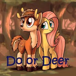 Size: 1584x1584 | Tagged: safe, artist:docwario, edit, fluttershy, oc, oc:willowtree, deer, pony, g4, canon x oc, do or deer, female, forest, male, shipping, straight, unshorn fetlocks