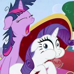 Size: 456x456 | Tagged: safe, screencap, rarity, twilight sparkle, pony, unicorn, g4, cropped, faic, female, hub logo, mare, out of context, puffy cheeks, wat