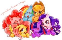 Size: 850x550 | Tagged: safe, artist:maya, applejack, fluttershy, pinkie pie, rainbow dash, rarity, twilight sparkle, g4, cuddle puddle, mane six, pixiv