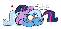 Size: 1253x597 | Tagged: dead source, safe, artist:owl-eyes, trixie, twilight sparkle, pony, unicorn, g4, blushing, female, heart, lesbian, mare, pony pillow, prone, scrunchy face, ship:twixie, shipping, simple background, sleeping, tsundere, white background