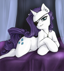 Size: 808x900 | Tagged: safe, artist:tt-n, rarity, pony, unicorn, g4, eyepatch, female, human shoulders, looking at you, lying down, mare, necklace, piercing, seductive, sexy, solo