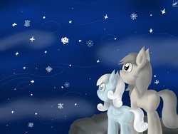 Size: 1600x1200 | Tagged: safe, artist:lugiadriel14, oc, oc:snowdrop, dozy slumbers, foal, snow, snowfall, snowflake, stars, winter