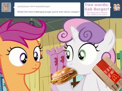 Size: 800x600 | Tagged: safe, scootaloo, sweetie belle, g4, burger, food, gak, hamburger, neck, sweetieburger