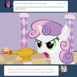 Size: 763x773 | Tagged: safe, sweetie belle, g4, burger, food, hamburger, lamp, magic lamp, sweetieburger