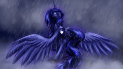 Size: 1920x1080 | Tagged: safe, artist:zedrin, princess luna, alicorn, pony, g4, female, mare, rain, solo, wallpaper, wet, wet mane