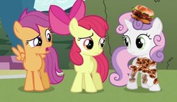 Size: 396x230 | Tagged: safe, apple bloom, scootaloo, sweetie belle, g4, burger, clothes, dress, food, hamburger, sweetieburger