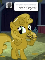 Size: 480x640 | Tagged: safe, artist:sweetieburger, sweetie belle, pony, unicorn, g4, burger, eating, female, filly, food, gold, hamburger, hoof hold, looking back, luster dust, open mouth, ponies eating meat, solo, sweetie gold, sweetieburger