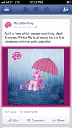 Size: 640x1136 | Tagged: safe, pinkie pie, g4, official, brushable, facebook, female, ios, iphone, irl, my little pony logo, photo, rain, toy