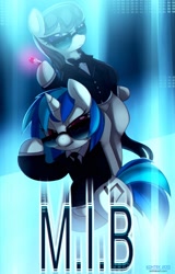 Size: 962x1500 | Tagged: safe, artist:si1vr, dj pon-3, octavia melody, vinyl scratch, earth pony, pony, unicorn, g4, clothes, men in black, necktie, parody, suit, sunglasses