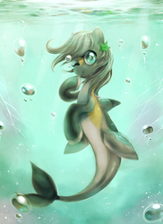 Size: 800x1100 | Tagged: safe, artist:jiayi, oc, oc only, merpony, dorsal fin, hair accessory, one eye closed, underwater, wink