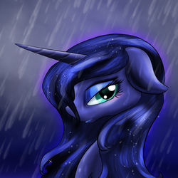 Size: 1500x1500 | Tagged: safe, artist:zedrin, princess luna, pony, g4, bedroom eyes, female, portrait, rain, solo, wet, wet mane