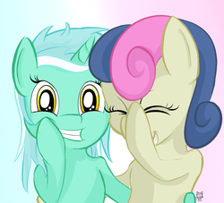 Size: 729x662 | Tagged: safe, artist:cheshiresdesires, bon bon, lyra heartstrings, sweetie drops, earth pony, pony, unicorn, g4, bon bon is amused, duo, eyes closed, facehoof, gradient background, grin, laughing, laughingmares.jpg, looking at you, smiling