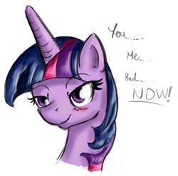 Size: 3560x3521 | Tagged: safe, artist:asadama, twilight sparkle, pony, g4, bedroom eyes, female, horny, implied sex, portrait, simple background, smiling, solo, you. me. x. now.