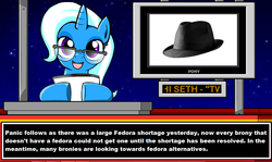 Size: 1004x600 | Tagged: safe, trixie, g4, exploitable meme, fedora, fedora shaming, glasses, hat, news meme, trilby