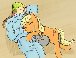 Size: 512x393 | Tagged: safe, artist:cheshiresdesires, applejack, cat, human, g4, sleeping