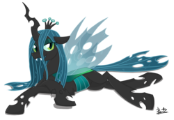 Size: 2900x2000 | Tagged: safe, artist:benkomilk, queen chrysalis, changeling, changeling queen, g4, bedroom eyes, crown, female, jewelry, pose, regalia, sultry pose, transparent wings, wings