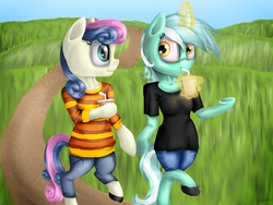 Size: 1600x1200 | Tagged: safe, artist:agussska, bon bon, lyra heartstrings, sweetie drops, earth pony, anthro, g4, clothes, drink, duo, magic, straw