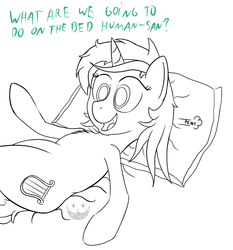 Size: 596x640 | Tagged: safe, artist:cheshiresdesires, lyra heartstrings, pony, g4, bed, dialogue, female, humie, implied human, on bed, pomf, solo, what are we gonna do on the bed?