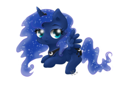 Size: 1024x763 | Tagged: safe, artist:avelineh, princess luna, pony, g4, chibi, female, looking at you, prone, simple background, solo