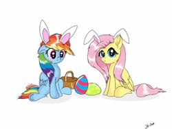 Size: 960x720 | Tagged: safe, artist:ffi2000, fluttershy, rainbow dash, g4, basket, bunny ears, easter, easter egg, simple background