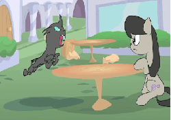 Size: 410x290 | Tagged: safe, artist:kanashiipanda, octavia melody, changeling, earth pony, pony, once upon a time in canterlot, g4, animated, badass, bipedal, canterlot, duo, female, fight, frame by frame, mare, youtube link