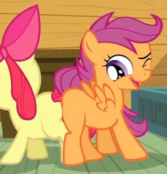 Size: 654x683 | Tagged: safe, screencap, apple bloom, scootaloo, earth pony, pegasus, pony, g4, one bad apple, butt bump, butt to butt, butt touch, cropped, duo, female, filly, flank, shipping fuel, wink