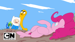 Size: 1280x720 | Tagged: safe, artist:fiasko0, pinkie pie, g4, adventure time, crossover, finn the human, jake the dog, male