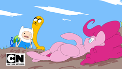 Size: 1280x720 | Tagged: safe, artist:fiasko0, pinkie pie, earth pony, pony, g4, adventure time, crossover, female, finn the human, jake the dog, male, mare