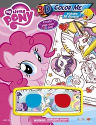 Size: 384x500 | Tagged: safe, fluttershy, pinkie pie, princess celestia, rarity, spike, twilight sparkle, g4, my little pony: 3d color me, official, 3d, 3d glasses, book, cover, crayon, cupcake, merchandise, special face, stock vector, twiface, when you see it