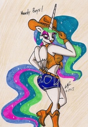 Size: 1059x1524 | Tagged: safe, artist:newyorkx3, princess celestia, anthro, g4, cowgirl, hat, midriff, traditional art, wild westia